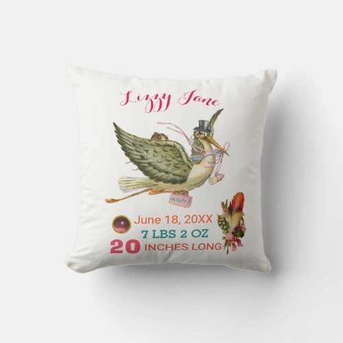 STORK GIRL BABY SHOWER Pink White Baby Stats Throw Pillow