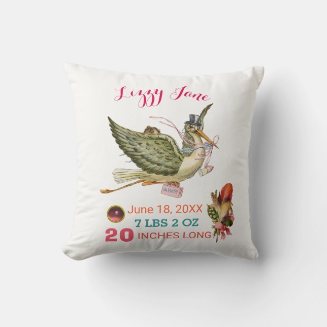 STORK GIRL BABY SHOWER Pink White Baby Stats Throw Pillow (Front)