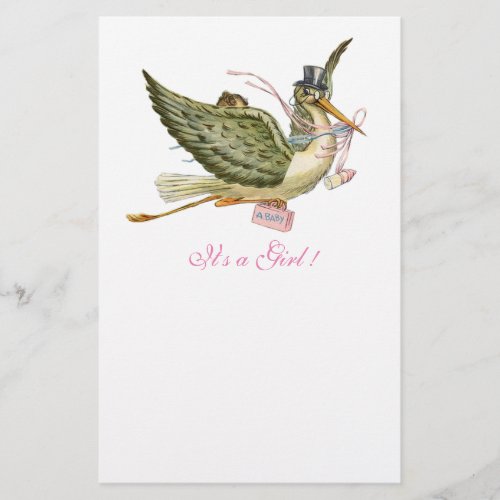 STORK GIRL BABY SHOWER Pink White Stationery