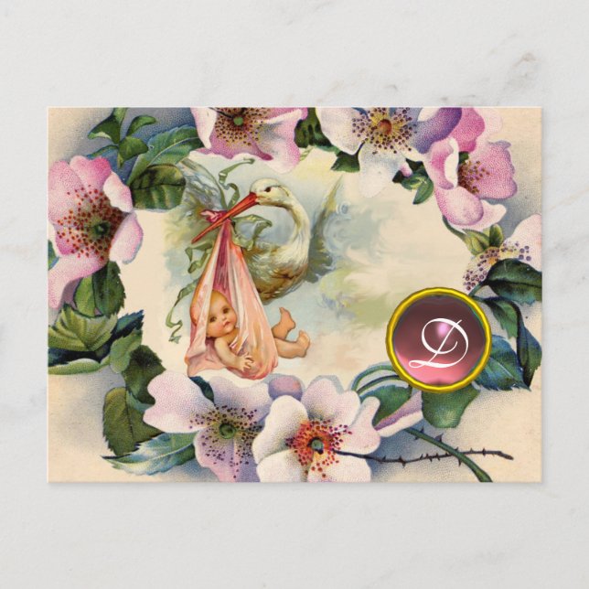 STORK GIRL BABY SHOWER ,PINK WILD ROSES MONOGRAM INVITATION POSTCARD (Front)
