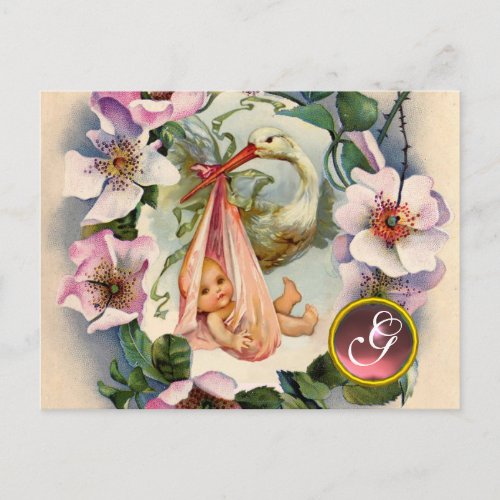 STORK GIRL BABY SHOWER PINK WILD ROSES MONOGRAM INVITATION POSTCARD