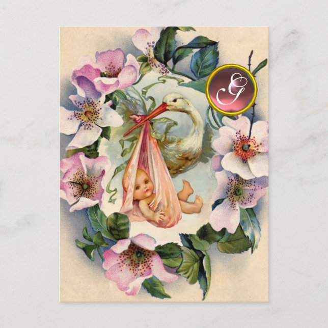 STORK GIRL BABY SHOWER ,PINK WILD ROSES MONOGRAM INVITATION POSTCARD (Front)