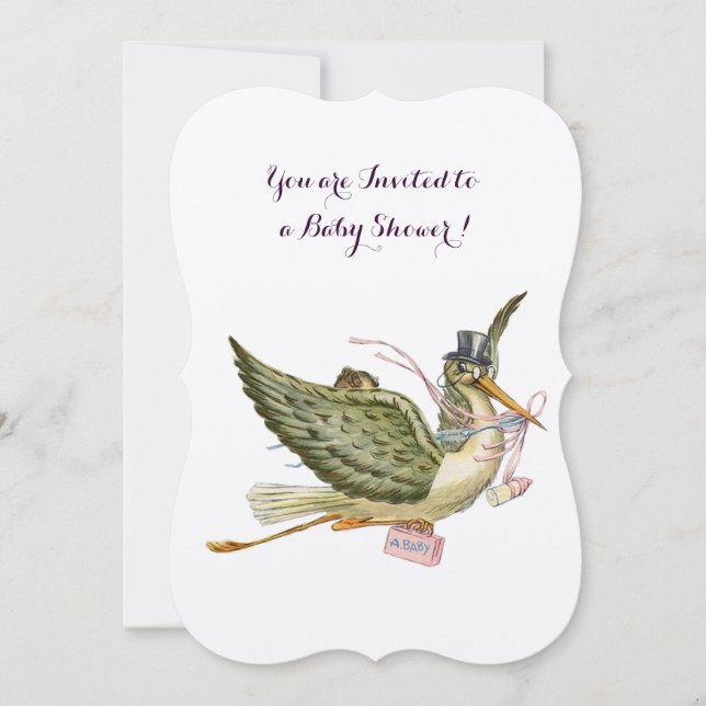 STORK GIRL BABY SHOWER ,silver metallic Invitation (Front)