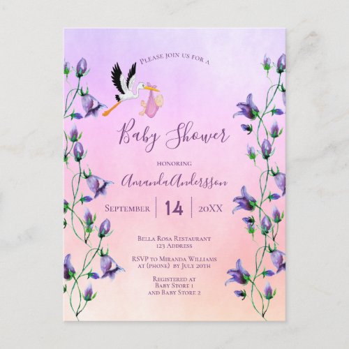 Stork girl pink purple floral baby shower postcard