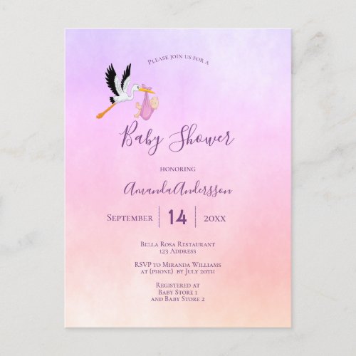 Stork girl pink purple rose gold baby shower postcard