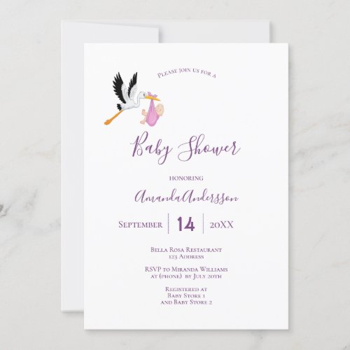 Stork girl pink purple white cute baby shower invitation