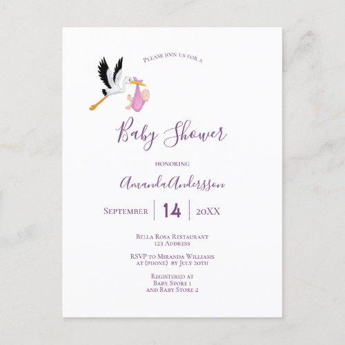 Stork girl pink purple white cute baby shower postcard