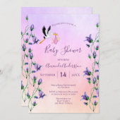 Stork girl pink violet purple floral baby shower invitation (Front/Back)