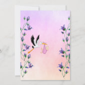 Stork girl pink violet purple floral baby shower invitation (Back)