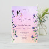Stork girl pink violet purple floral baby shower invitation (Standing Front)