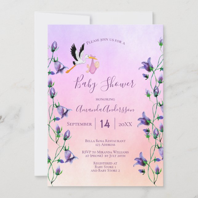Stork girl pink violet purple floral baby shower invitation (Front)