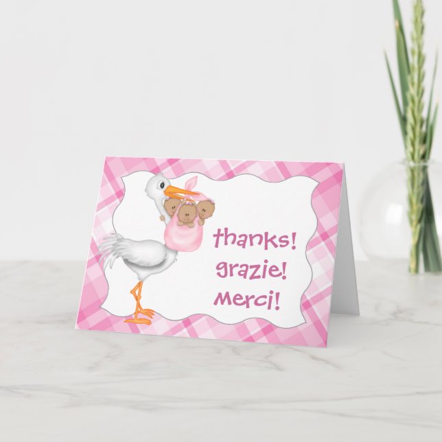 Stork & Girl Triplets (dark skin) Thank You Card (Front)