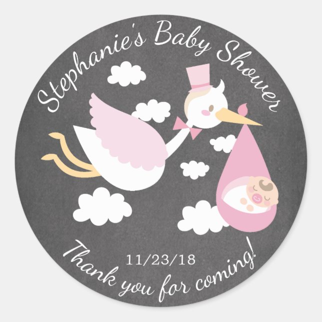 Stork Girls Baby Shower Favor Sticker (Front)