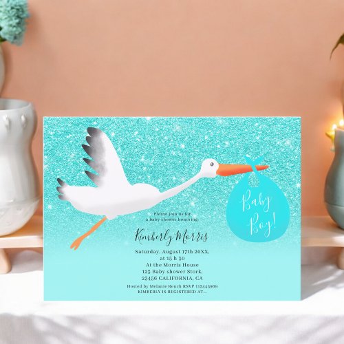 Stork glitter bag illustration baby boy shower invitation