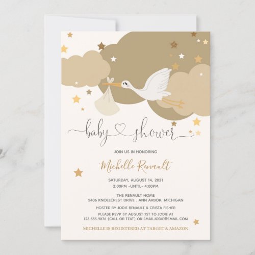 Stork Gold Gender Neutral Baby Shower Invitation
