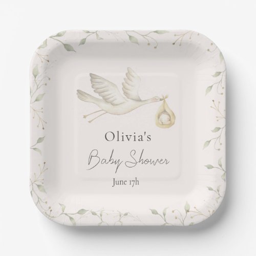 Stork Greenery Baby Shower Paper Plates