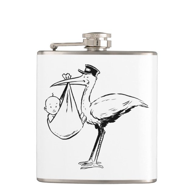Stork Holding A Baby Flask (Front)