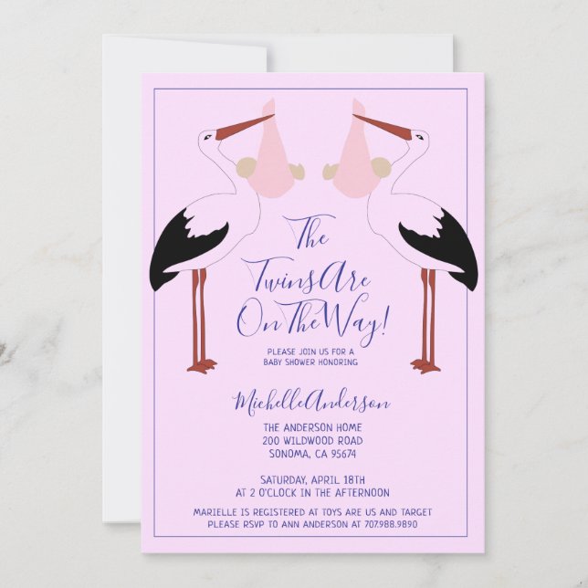 Stork Holding Twin Pink Baby Bundles Baby Shower Invitation (Front)