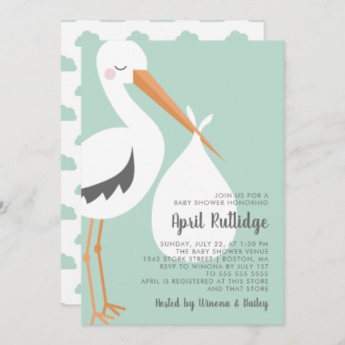 Stork Illustration _ Green  White Baby Shower Invitation