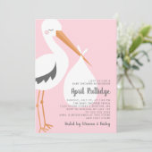 Stork Illustration Pink Girl Baby Shower Invitation (Standing Front)