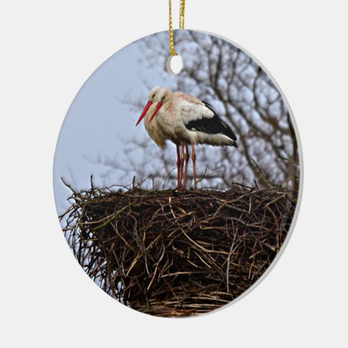 Stork in Nest Ceramic Ornament