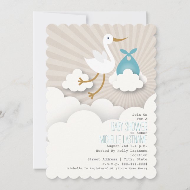 Stork In The Clouds Baby Shower - Blue Invitation (Front)