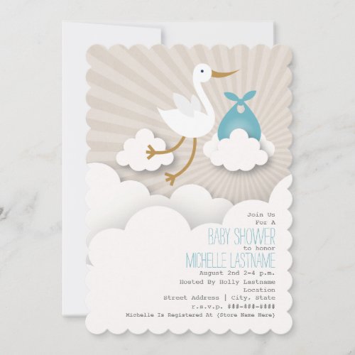 Stork In The Clouds Baby Shower _ Blue Invitation