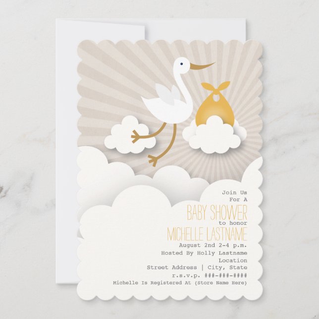 Stork In The Clouds Baby Shower - Orange Invitation (Front)