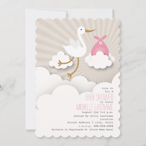 Stork In The Clouds Baby Shower _ Pink Invitation