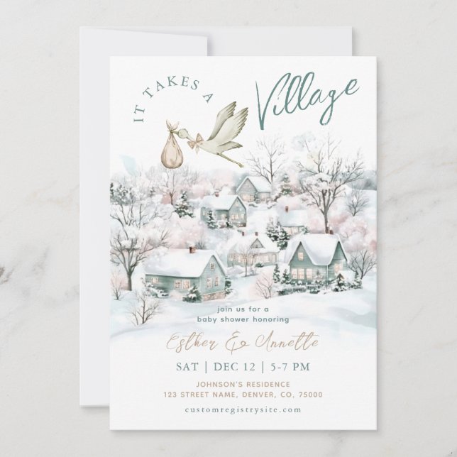 Stork It Takes A Village Winter Baby Shower Invitation (Front)