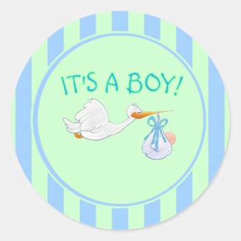 Stork It's A Boy Classic Round Sticker by PawsitiveDesigns at Zazzle