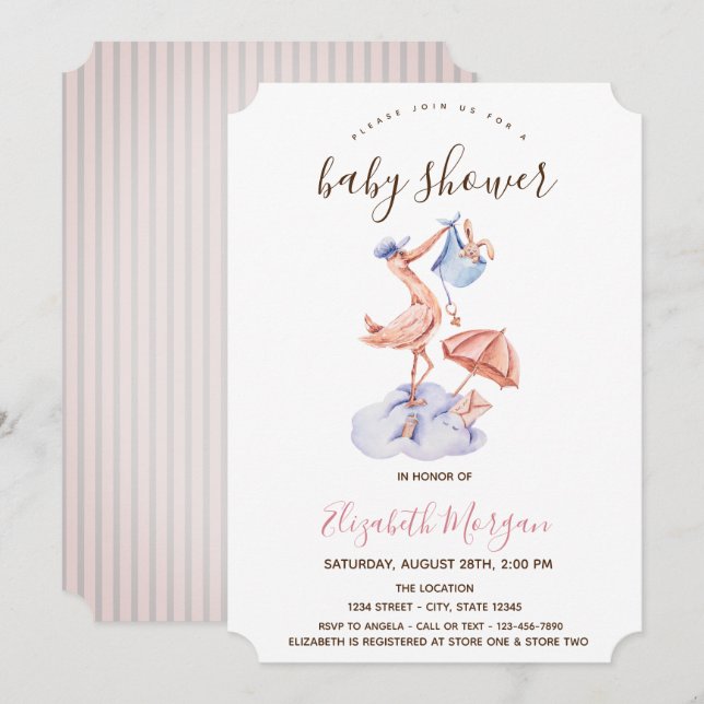 Stork Little Bunny Pink Stripes Baby Shower   Invitation (Front/Back)