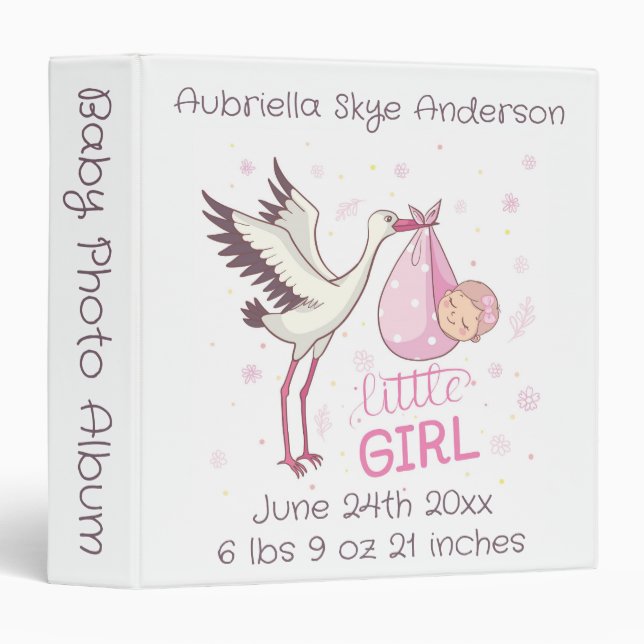 Stork Little Girl Baby Photo Album 3 Ring Binder (Front/Spine)