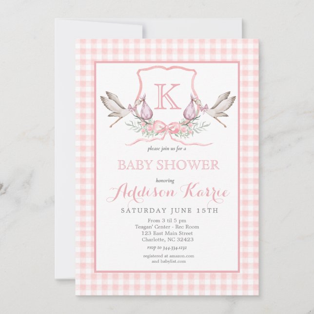 Stork Monogram Crest Baby Shower Invitation (Front)