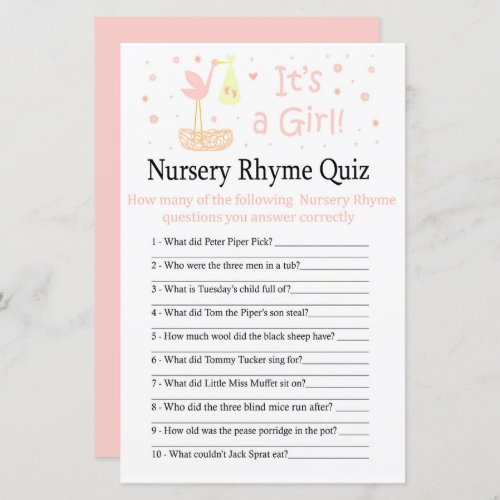 Stork nest Nursery Rhyme Quiz baby shower game