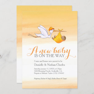 Stork new baby golden orange couples baby shower invitation