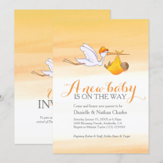 Stork new baby golden orange couples baby shower invitation