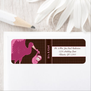 Stork New Baby It's A Girl Brown & Pink Dots Label