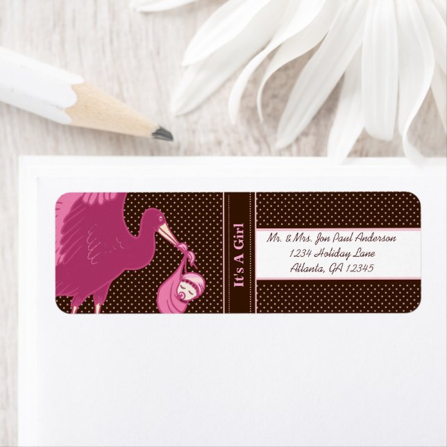 Stork New Baby It's A  Girl Brown & Pink Dots Label (Insitu)