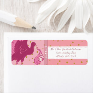 Stork New Baby It's A Girl Pink Dots Label