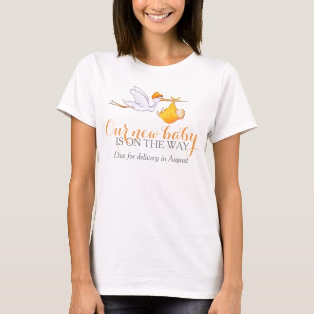 Stork new baby on the way personalized apparel T-Shirt (Front)