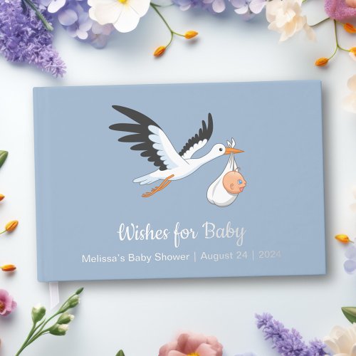 Stork on Blue Baby Shower Foil Foil Guest Book