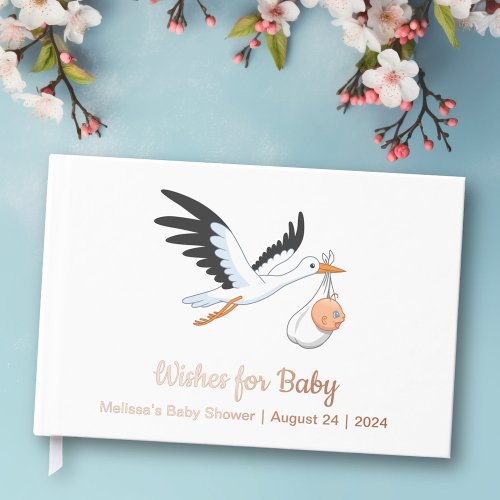 Stork on White Baby Shower Foil Foil Guest Book