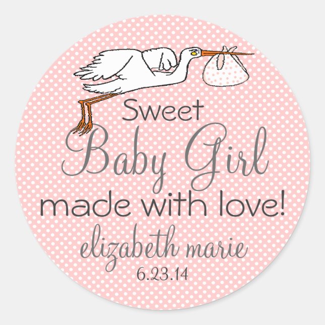 Stork Peach Baby Shower Favor Classic Round Sticker (Front)