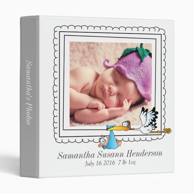 Stork Personalized Baby Photo Album/Add Photo 3 Ring Binder (Front/Spine)