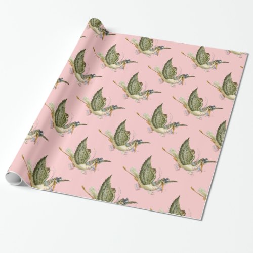 STORK PINK BABY GIRL SHOWER WRAPPING PAPER