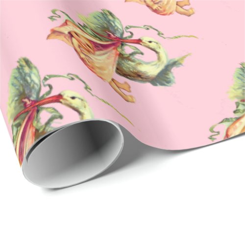 STORK PINK BABY GIRL SHOWER WRAPPING PAPER
