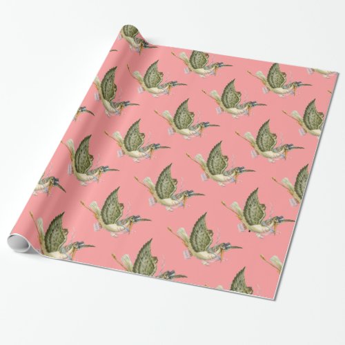 STORK PINK BABY GIRL SHOWER WRAPPING PAPER
