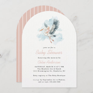 Stork Pink Baby Girl Watercolor Baby Shower Arch Invitation