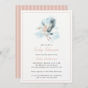 Stork Pink Baby Girl Watercolor Baby Shower Invitation